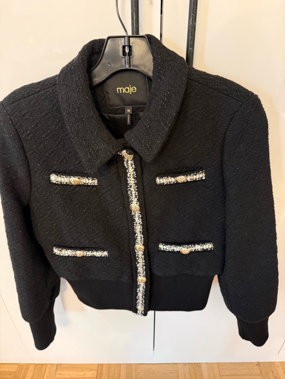 Maje Black Tweed Bomber Cropped Jacket with Gold Buttons FR 36 US 4